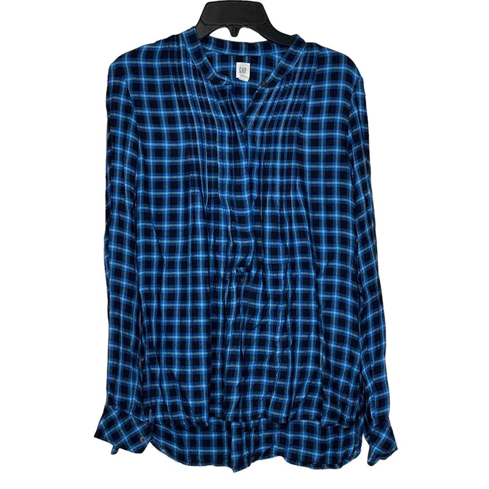 Gap Blue Plaid Pintuck Flowy Preppy Blouse Long Sleeve Front Button‎ Women Small